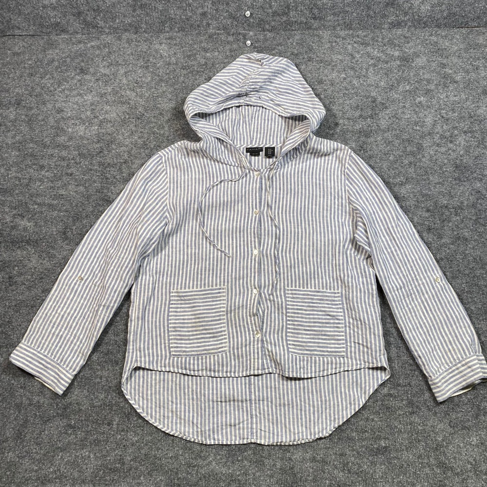 Tahari Womens Blue White Striped 100% Linen Button Front Hoodie Shirt Size M